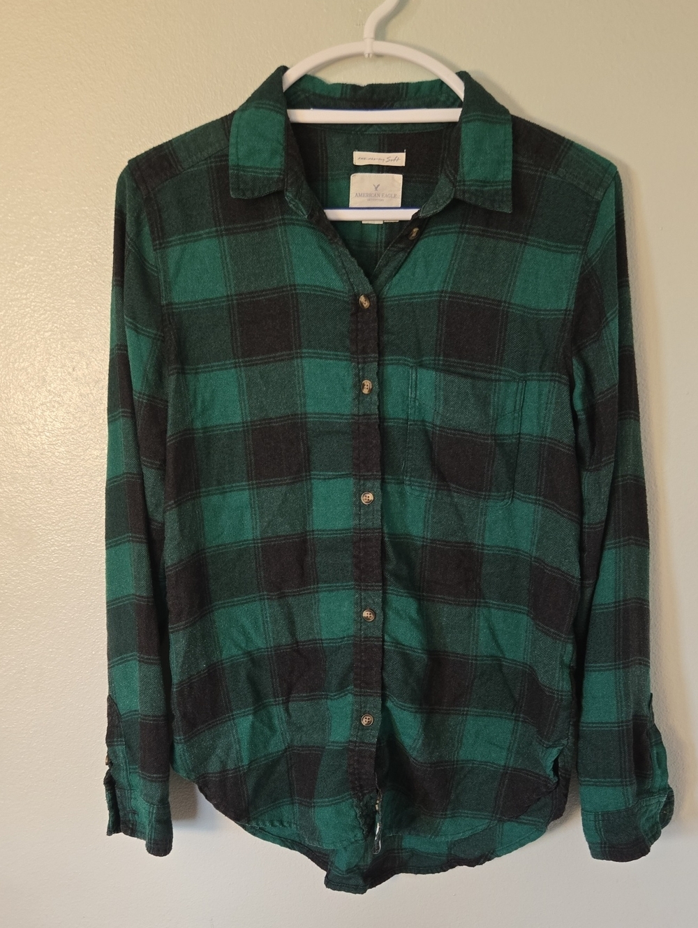 American Eagle | Green Plaid Flannel Boyfriend Fit Button Down Shirt Size Small